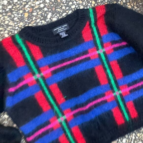 Vintage 80s 90s fuzzy mohair plaid Shorty cropped sweater sz M - Picture 1 of 5